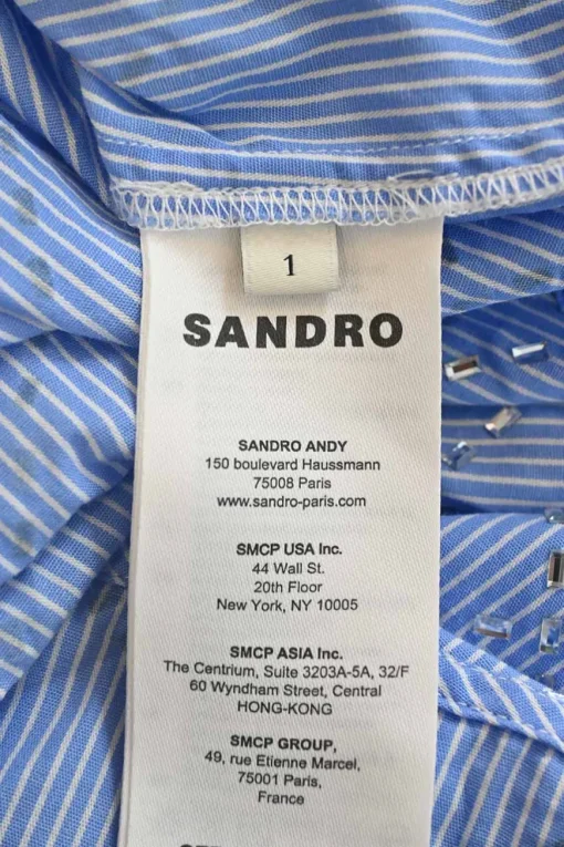 Blue strass-embellished striped cotton poplin spread collar button-front shirt