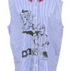 Blue stripe cotton poplin sleeveless button-front shirt featuring contrasting Oxford collar and 'Girls Invented' comic motif