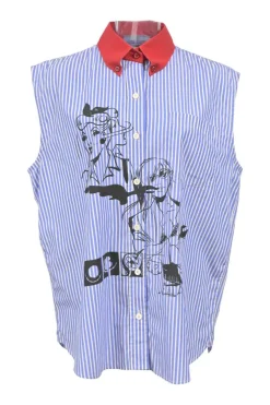 Blue stripe cotton poplin sleeveless button-front shirt featuring contrasting Oxford collar and 'Girls Invented' comic motif