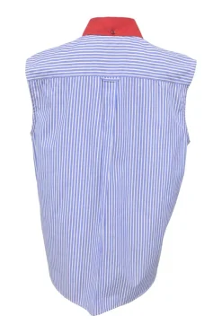 Blue stripe cotton poplin sleeveless button-front shirt featuring contrasting Oxford collar and 'Girls Invented' comic motif
