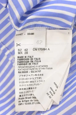 Blue stripe cotton poplin sleeveless button-front shirt featuring contrasting Oxford collar and 'Girls Invented' comic motif