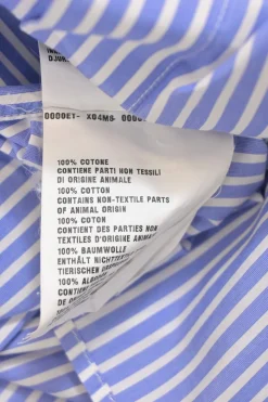 Blue stripe cotton poplin sleeveless button-front shirt featuring contrasting Oxford collar and 'Girls Invented' comic motif