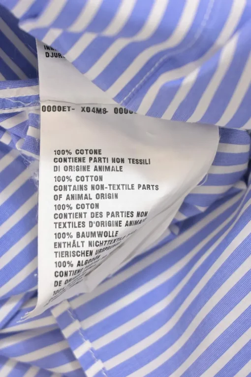 Blue stripe cotton poplin sleeveless button-front shirt featuring contrasting Oxford collar and 'Girls Invented' comic motif