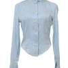 Blue stripe floral jacquard silk frill high-turtleneck collar button down long sleeve frill button cuff slim-fit shirt