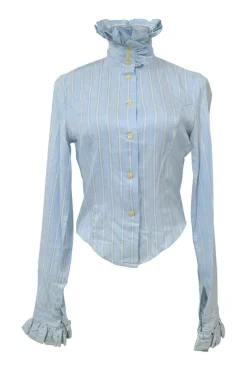 Blue stripe floral jacquard silk frill high-turtleneck collar button down long sleeve frill button cuff slim-fit shirt