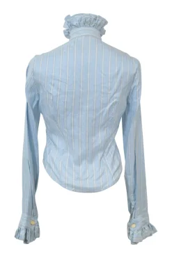 Blue stripe floral jacquard silk frill high-turtleneck collar button down long sleeve frill button cuff slim-fit shirt
