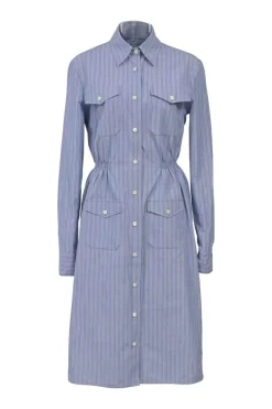 Blue striped chambray point collar button-front utility shirt dress featuring chest and hip patch pockets and elasticated waist
