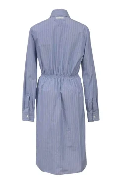 Blue striped chambray point collar button-front utility shirt dress featuring chest and hip patch pockets and elasticated waist