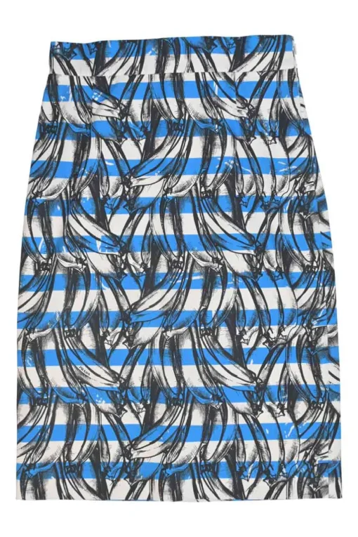 Blue striped cotton banana print A-line knee-length skirt