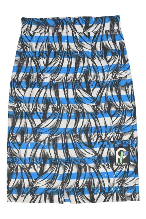 Blue striped cotton banana print A-line knee-length skirt