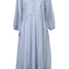 Blue striped cotton plunge neck midi dress with drawstring waist and blouson sleeves