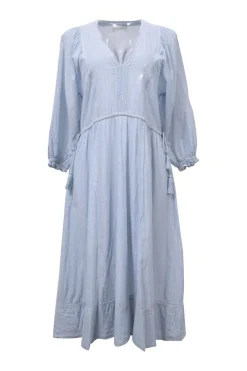 Blue striped cotton plunge neck midi dress with drawstring waist and blouson sleeves