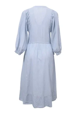 Blue striped cotton plunge neck midi dress with drawstring waist and blouson sleeves