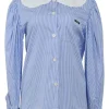 Blue striped cotton poplin button-front blouse with contrasting Chelsea collar