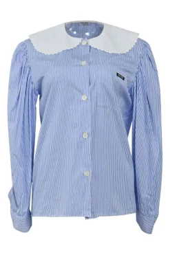 Blue striped cotton poplin button-front blouse with contrasting Chelsea collar