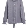 Blue striped cotton poplin button front ruffle collar and cuff blouse with lavallière