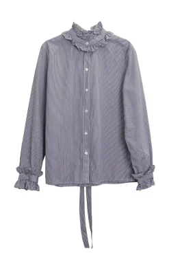 Blue striped cotton poplin button front ruffle collar and cuff blouse with lavallière