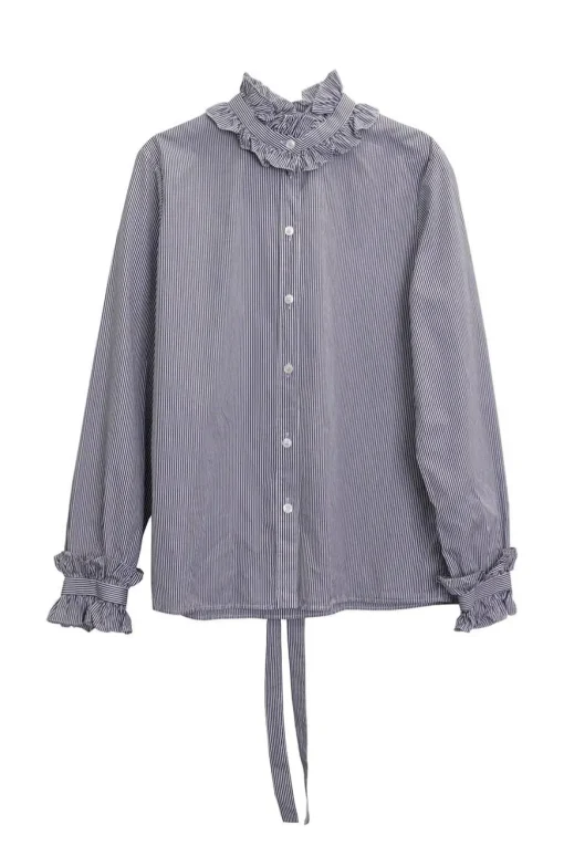 Blue striped cotton poplin button front ruffle collar and cuff blouse with lavallière