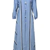 Blue striped cotton poplin point collar balloon sleeve button-front A-line dress with cutout back