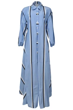 Blue striped cotton poplin point collar balloon sleeve button-front A-line dress with cutout back