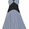 Blue striped cotton poplin paneled maxi dress with rib knit bodice insert
