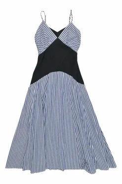 Blue striped cotton poplin paneled maxi dress with rib knit bodice insert