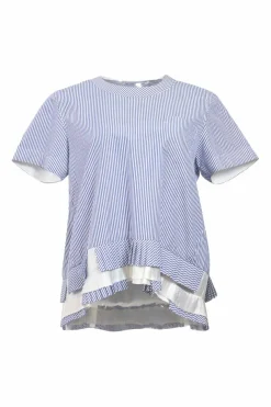Blue striped cotton poplin cap sleeve swing-style blouse with tiered plissé hem insert