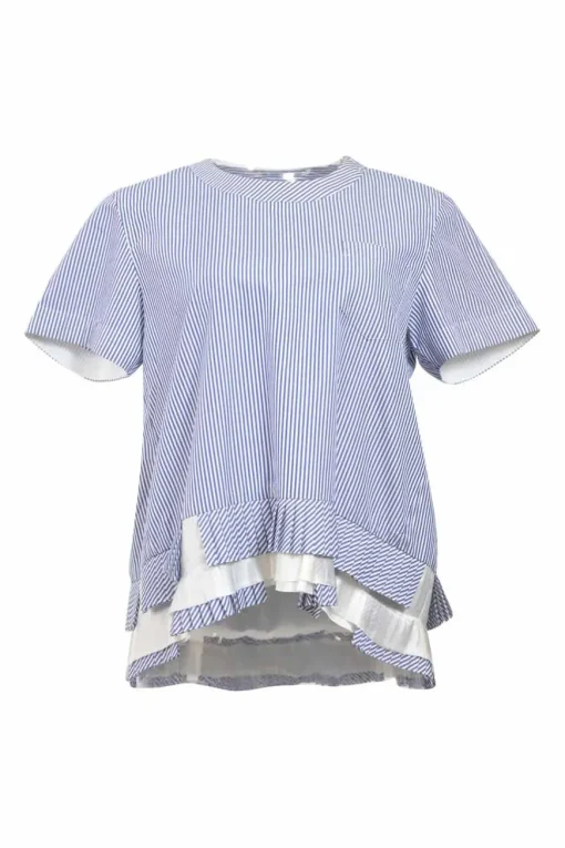 Blue striped cotton poplin cap sleeve swing-style blouse with tiered plissé hem insert