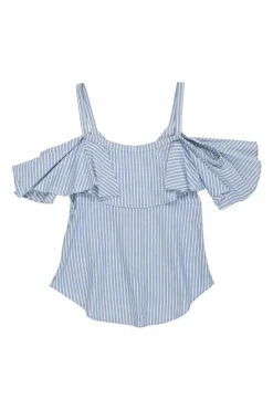 Blue striped cotton poplin cold-shoulder ruffle blouse with button fastening at centre front