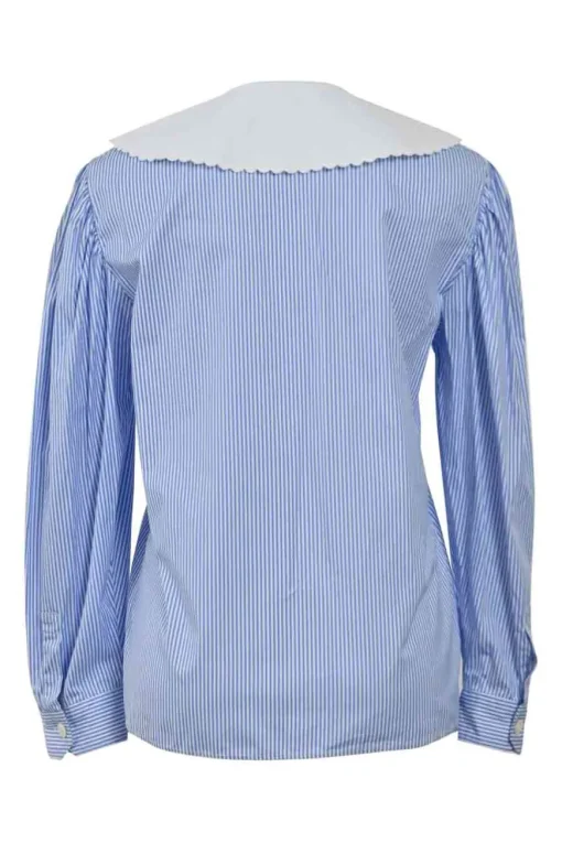 Blue striped cotton poplin button-front blouse with contrasting Chelsea collar