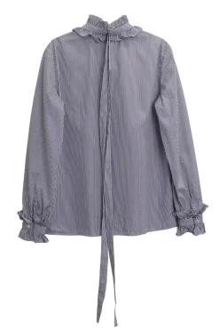 Blue striped cotton poplin button front ruffle collar and cuff blouse with lavallière