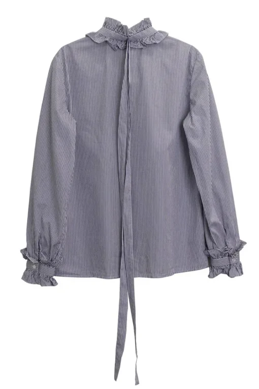 Blue striped cotton poplin button front ruffle collar and cuff blouse with lavallière