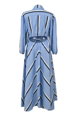 Blue striped cotton poplin point collar balloon sleeve button-front A-line dress with cutout back
