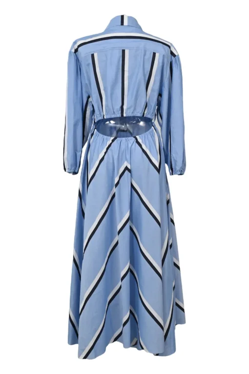 Blue striped cotton poplin point collar balloon sleeve button-front A-line dress with cutout back
