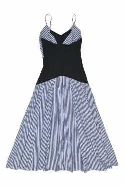 Blue striped cotton poplin paneled maxi dress with rib knit bodice insert