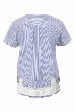 Blue striped cotton poplin cap sleeve swing-style blouse with tiered plissé hem insert