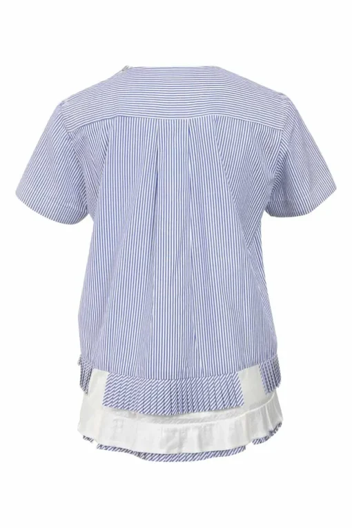 Blue striped cotton poplin cap sleeve swing-style blouse with tiered plissé hem insert