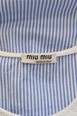 Blue striped cotton poplin button-front blouse with contrasting Chelsea collar