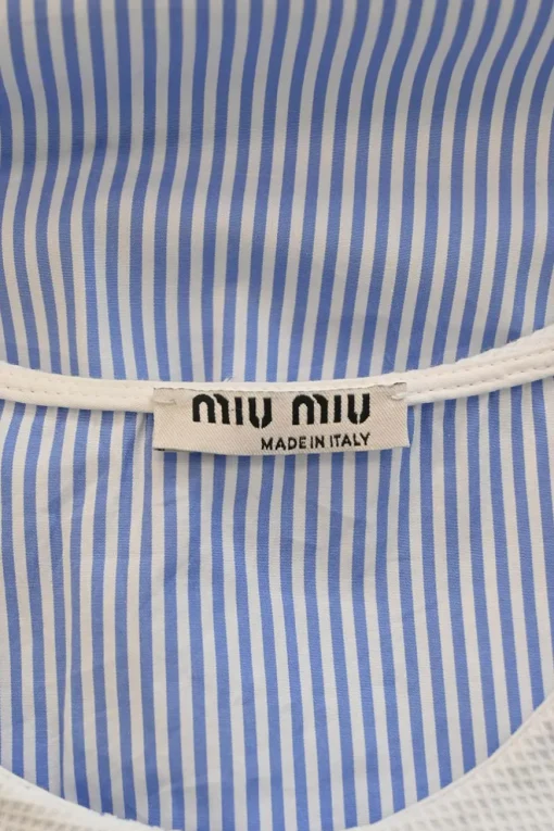 Blue striped cotton poplin button-front blouse with contrasting Chelsea collar