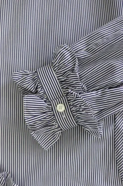 Blue striped cotton poplin button front ruffle collar and cuff blouse with lavallière
