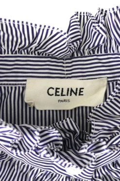 Blue striped cotton poplin button front ruffle collar and cuff blouse with lavallière