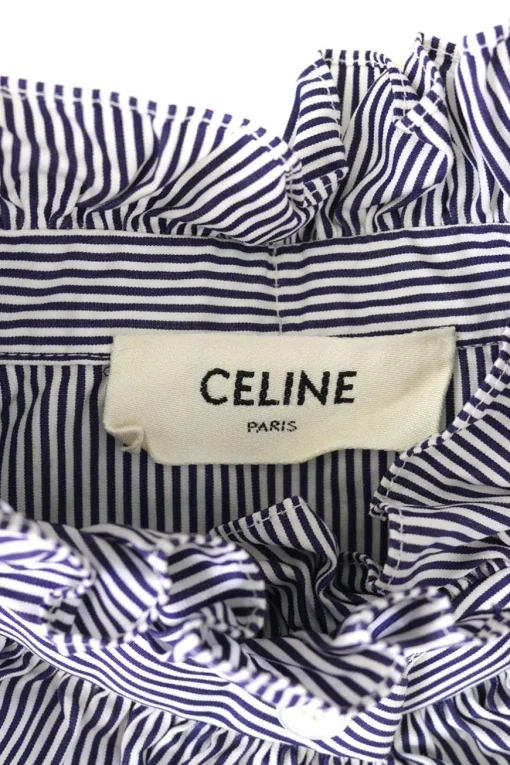 Blue striped cotton poplin button front ruffle collar and cuff blouse with lavallière