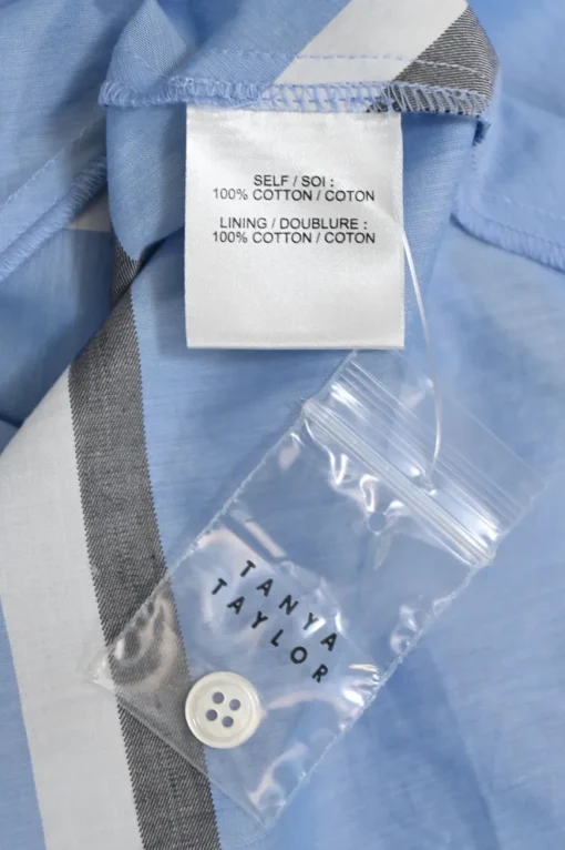 Blue striped cotton poplin point collar balloon sleeve button-front A-line dress with cutout back
