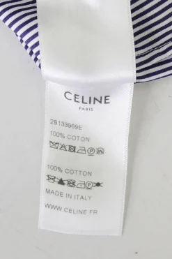 Blue striped cotton poplin button front ruffle collar and cuff blouse with lavallière