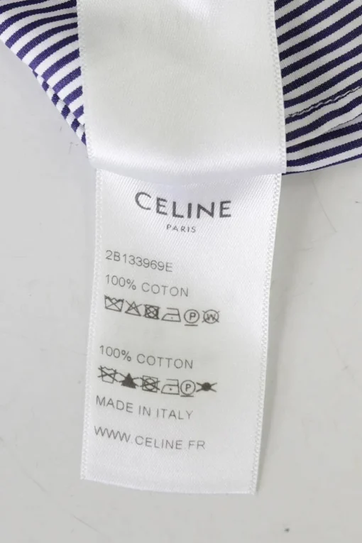 Blue striped cotton poplin button front ruffle collar and cuff blouse with lavallière