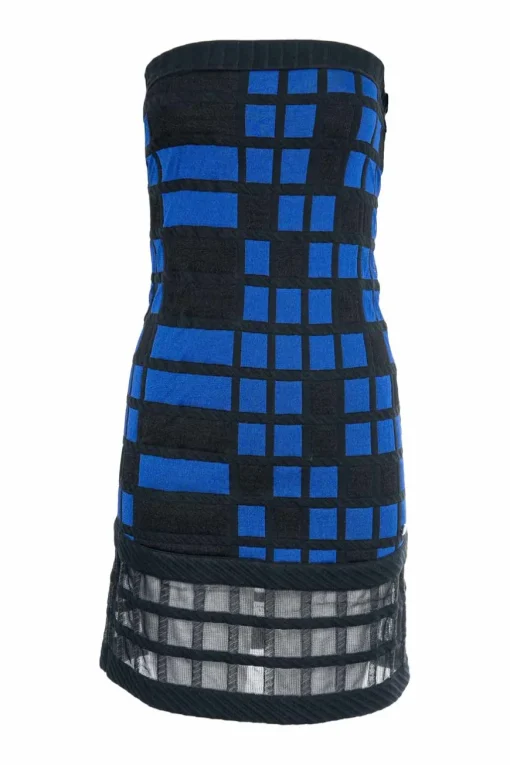 Blue synthetic strapless grid pattern dress