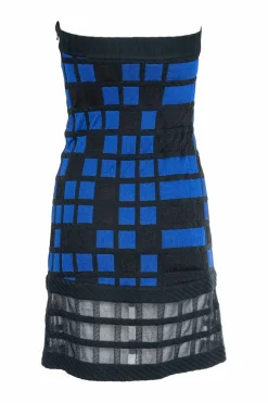 Blue synthetic strapless grid pattern dress