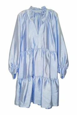 Blue textured polyester satin pullover Y-collar swing-style trapeze dress with airy bishop sleeves