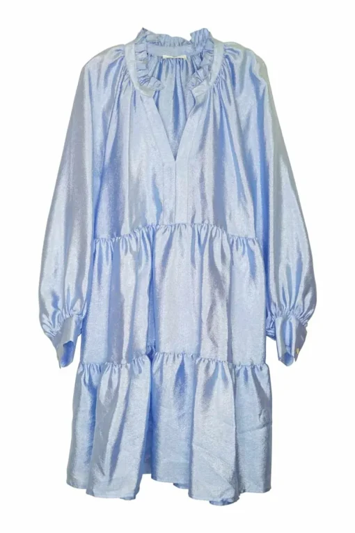 Blue textured polyester satin pullover Y-collar swing-style trapeze dress with airy bishop sleeves