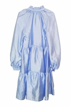 Blue textured polyester satin pullover Y-collar swing-style trapeze dress with airy bishop sleeves